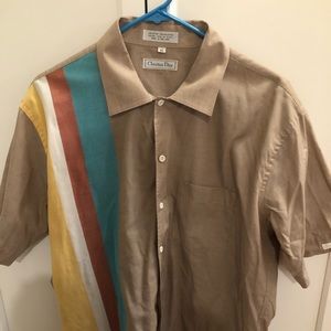 Christian Dior Men Button Up Short Sleeve Shirt -Tan with bright strips size XL